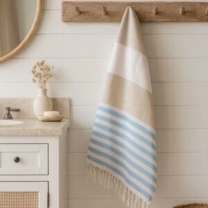 Beige Blue 100% Turkish Cotton Beach Bath Towel - Citizens of the Beach